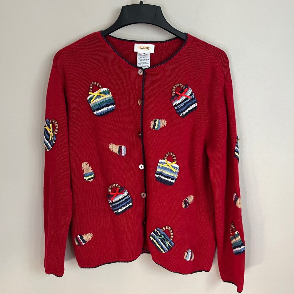 Talbots Red Linen Cotton Knit Cardigan Beach Bag Flip Flop Novelty Sweater M